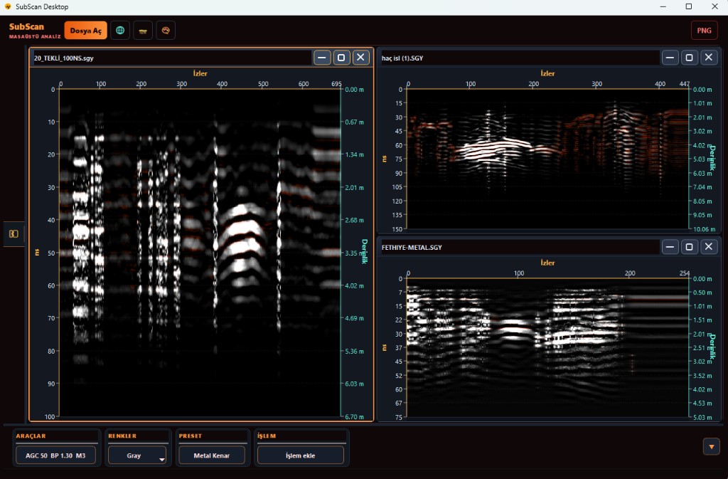 SubScan Desktop masaüstü arayüzü — çoklu radargram analizi